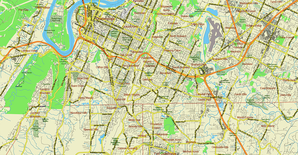 Tornado Area Vector Map: South Kentucky and Northwest Tennessee states US high detailed road map editable Adobe Illustrator
