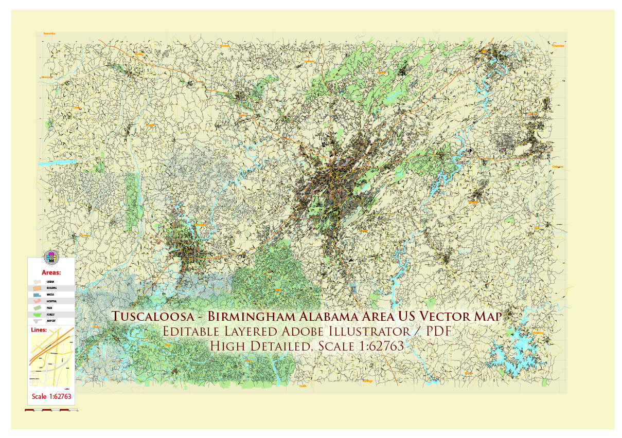 Tuscaloosa - Birmingham Alabama Area Vector Map US high detailed road map editable Adobe Illustrator Tuscaloosa - Birmingham Alabama Area Vector Map US high detailed road map editable Adobe Illustrator
