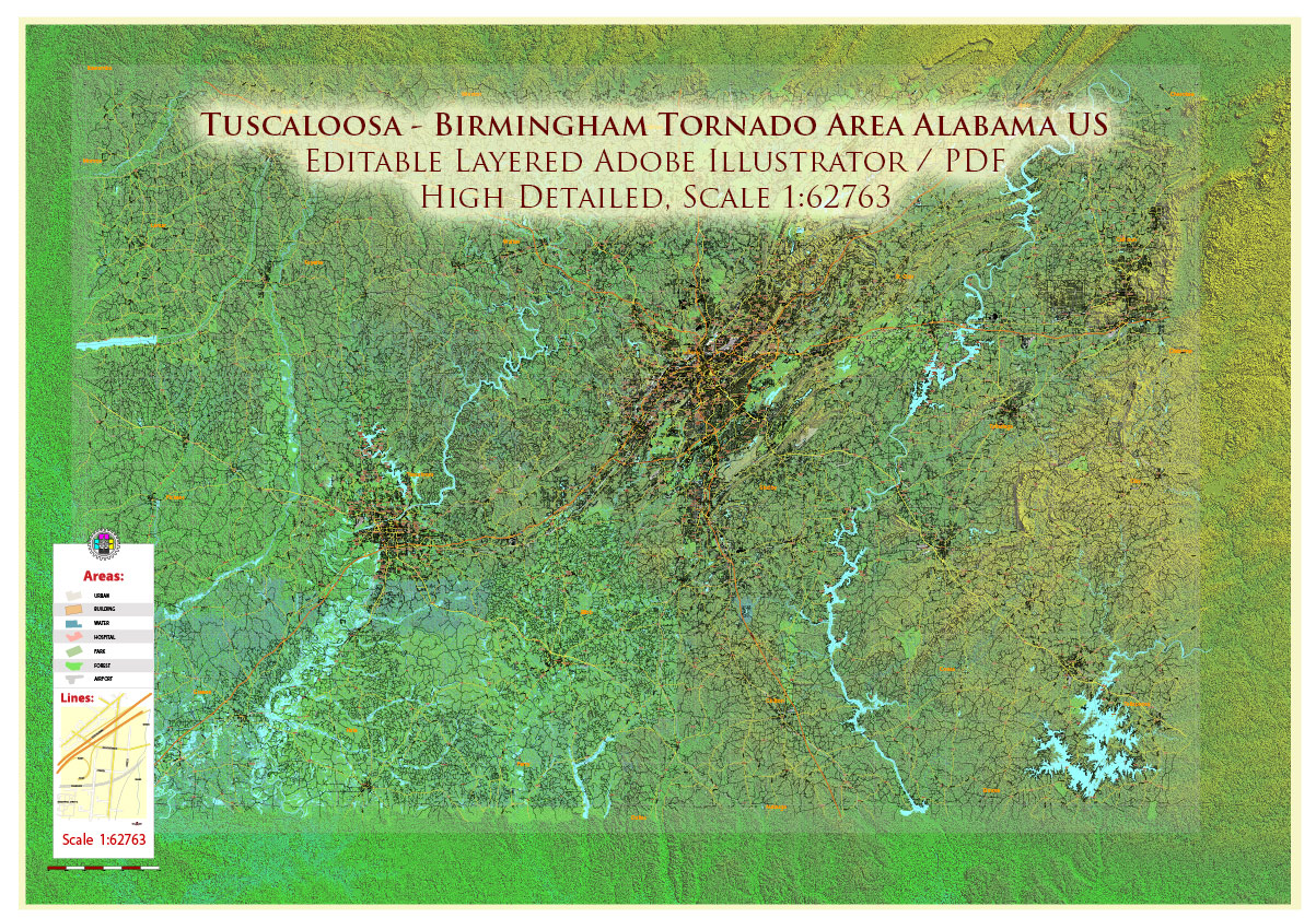 Tuscaloosa - Birmingham Alabama Area Vector Map US high detailed road map + Shaded Relief editable Adobe Illustrator