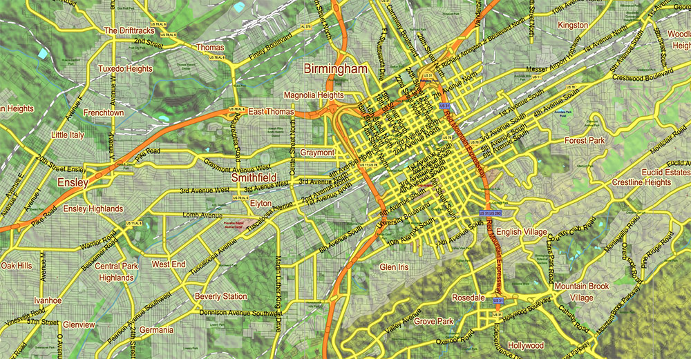 Tuscaloosa - Birmingham Alabama Area Vector Map US high detailed road map + Shaded Relief editable Adobe Illustrator