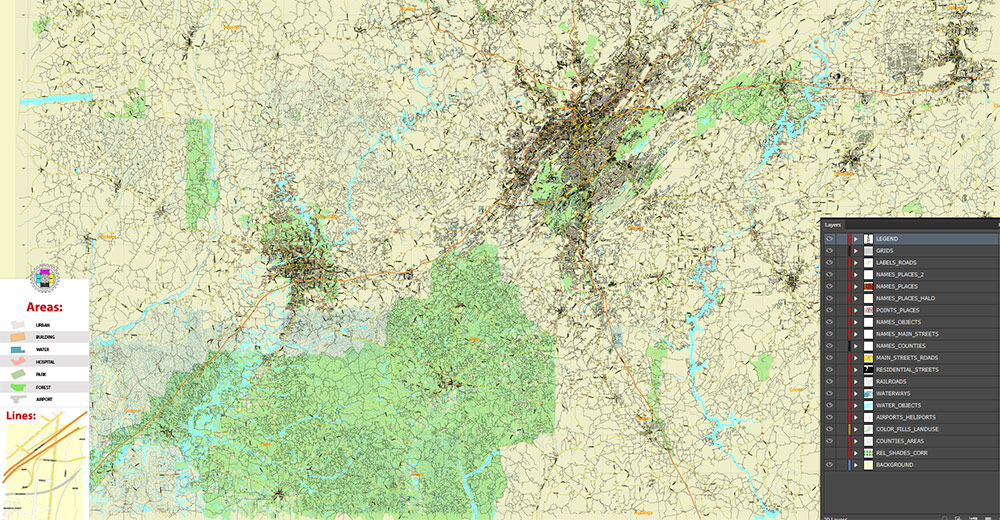 Tuscaloosa - Birmingham Alabama Area Vector Map US high detailed road map + Shaded Relief editable Adobe Illustrator