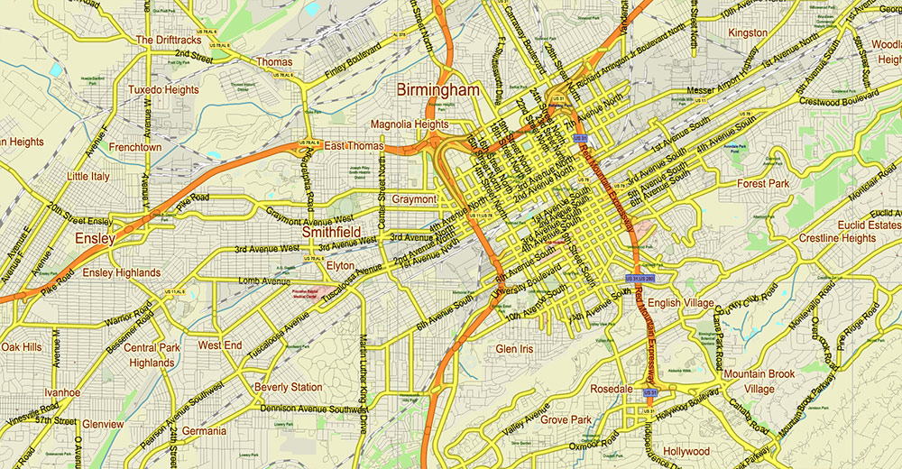 Tuscaloosa - Birmingham Alabama Area Vector Map US high detailed road map + Shaded Relief editable Adobe Illustrator