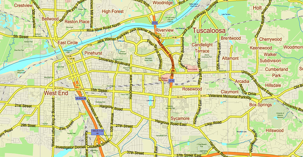 Tuscaloosa - Birmingham Alabama Area Vector Map US high detailed road map + Shaded Relief editable Adobe Illustrator
