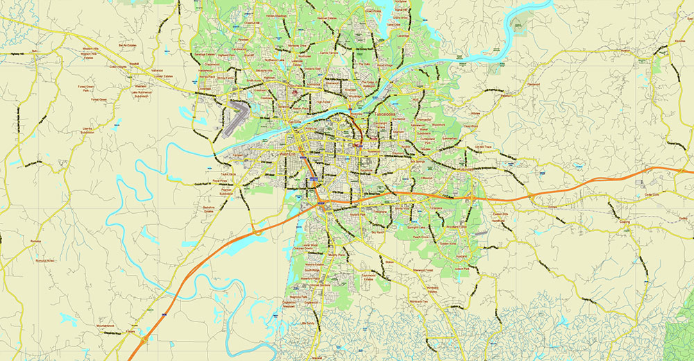 Tuscaloosa - Birmingham Alabama Area Vector Map US high detailed road map + Shaded Relief editable Adobe Illustrator
