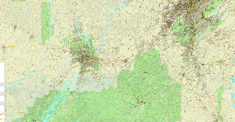 Tuscaloosa - Birmingham Alabama Area Vector Map US high detailed road map + Shaded Relief editable Adobe Illustrator