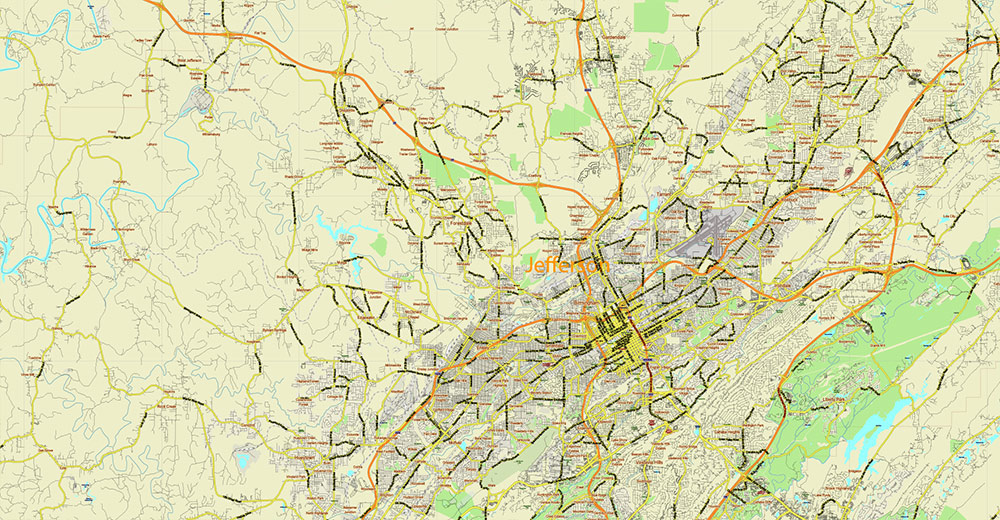 Tuscaloosa - Birmingham Alabama Area Vector Map US high detailed road map + Shaded Relief editable Adobe Illustrator