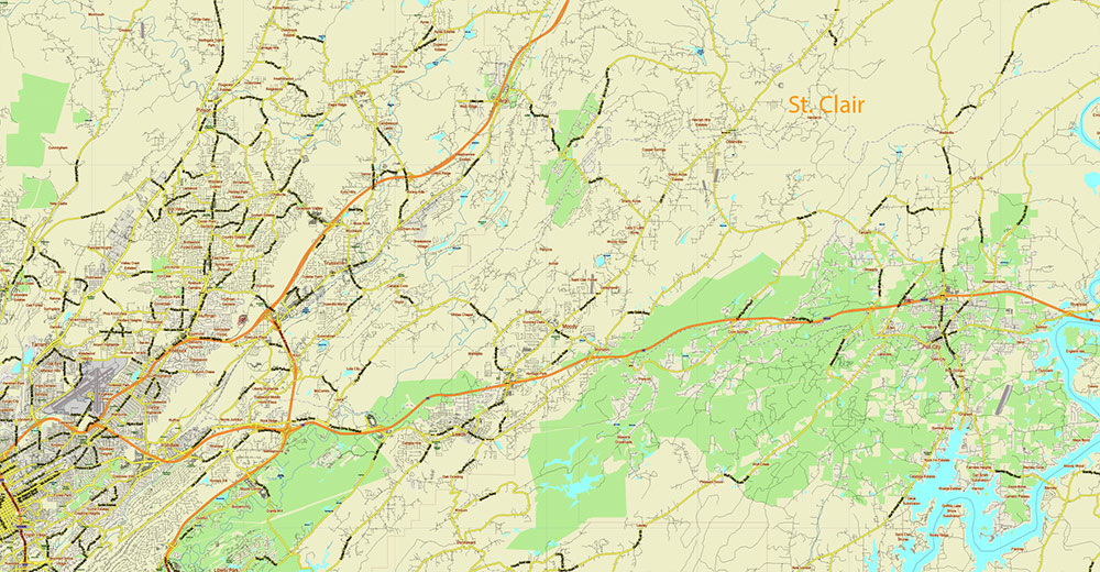Tuscaloosa - Birmingham Alabama Area Vector Map US high detailed road map + Shaded Relief editable Adobe Illustrator