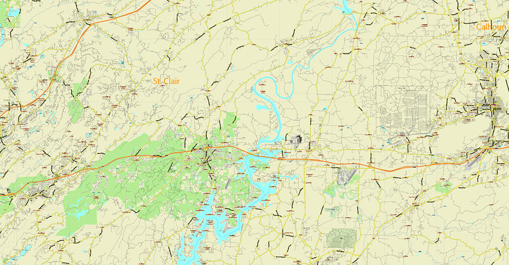 Tuscaloosa - Birmingham Alabama Area Vector Map US high detailed road map + Shaded Relief editable Adobe Illustrator