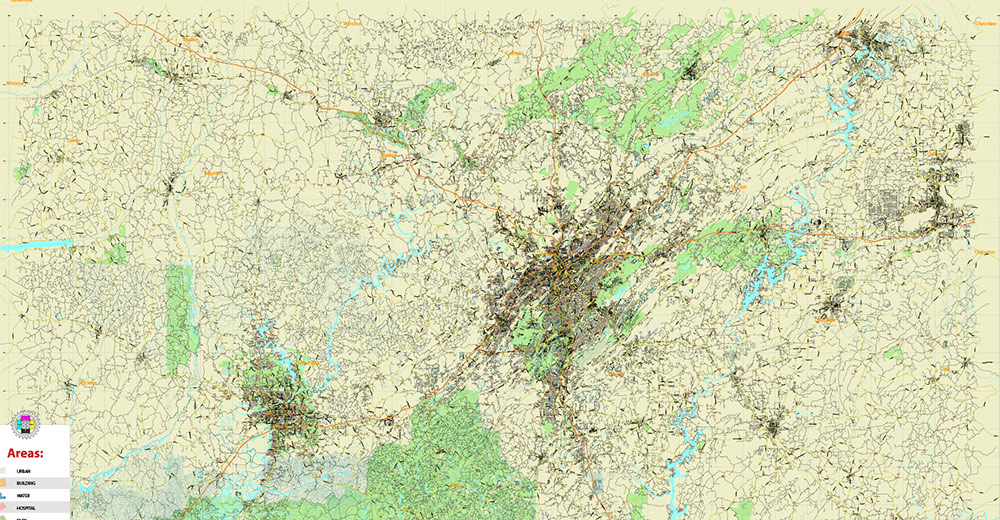 Tuscaloosa - Birmingham Alabama Area Vector Map US high detailed road map + Shaded Relief editable Adobe Illustrator