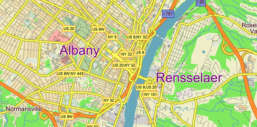 Upper Hudson Valley Albany Area NY USA Map Vector Exact City Plan Low Detailed Street Map editable Adobe Illustrator in layers