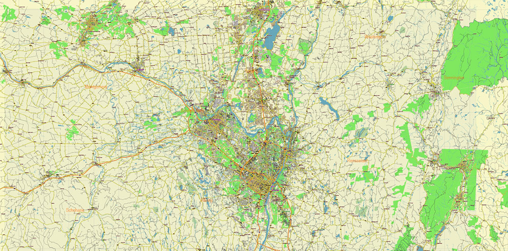 Upper Hudson Valley Albany Area NY USA Map Vector Exact City Plan Low Detailed Street Map editable Adobe Illustrator in layers