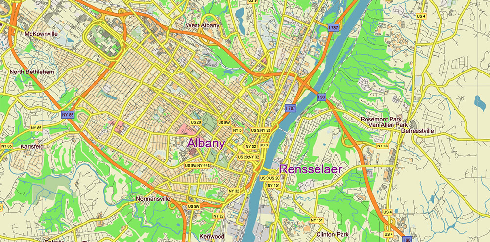 Upper Hudson Valley Albany Area NY USA Map Vector Exact City Plan Low Detailed Street Map editable Adobe Illustrator in layers