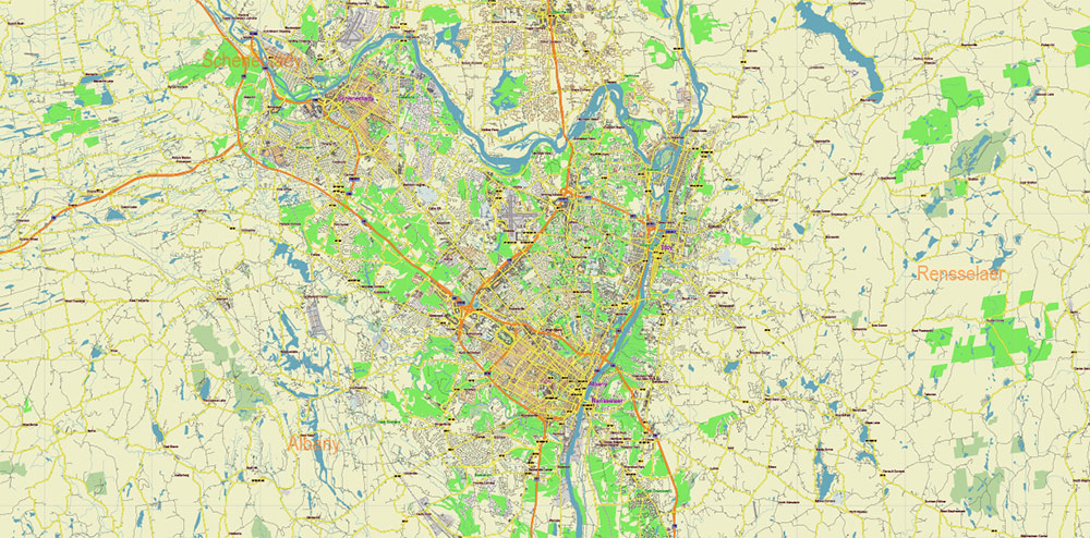 Upper Hudson Valley Albany Area NY USA Map Vector Exact City Plan Low Detailed Street Map editable Adobe Illustrator in layers