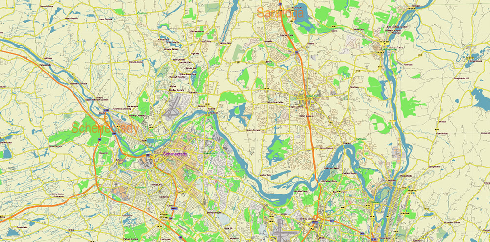 Upper Hudson Valley Albany Area NY USA Map Vector Exact City Plan Low Detailed Street Map editable Adobe Illustrator in layers