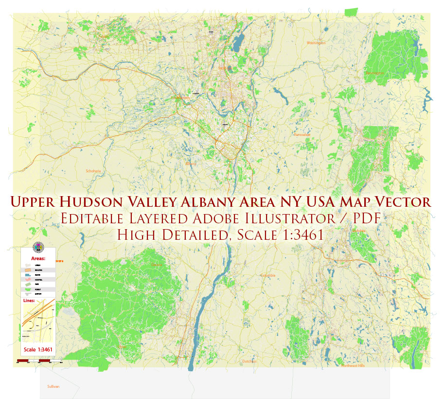 Upper Hudson Valley Albany Area NY USA Map Vector Exact City Plan Extra High Detailed Street Map editable Adobe Illustrator in layers