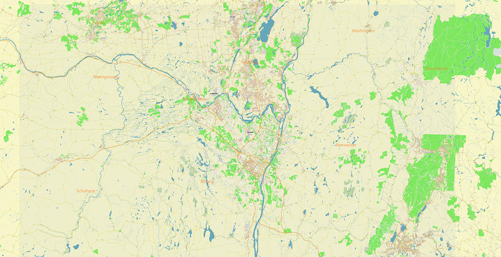 Upper Hudson Valley Albany Area NY USA Map Vector Exact City Plan Extra High Detailed Street Map editable Adobe Illustrator in layers