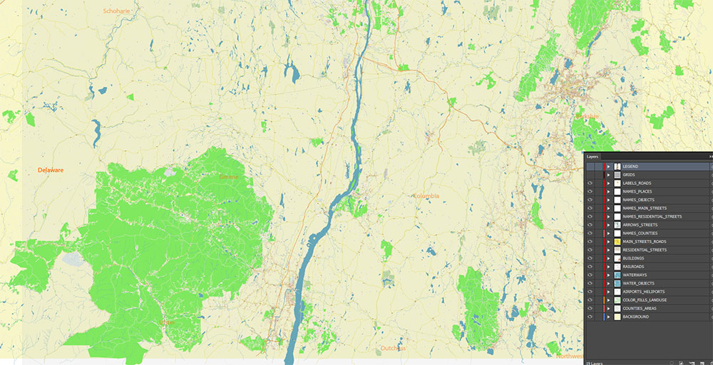 Upper Hudson Valley Albany Area NY USA Map Vector Exact City Plan Extra High Detailed Street Map editable Adobe Illustrator in layers