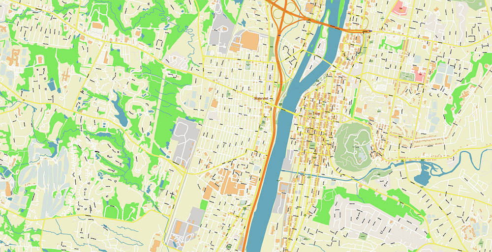 Upper Hudson Valley Albany Area NY USA Map Vector Exact City Plan Extra High Detailed Street Map editable Adobe Illustrator in layers