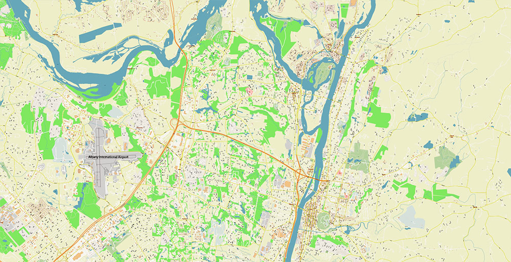 Upper Hudson Valley Albany Area NY USA Map Vector Exact City Plan Extra High Detailed Street Map editable Adobe Illustrator in layers