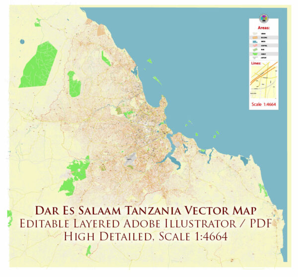 Dar Es Salaam Tanzania Map Vector Exact City Plan High Detailed Street Map editable Adobe Illustrator in layers