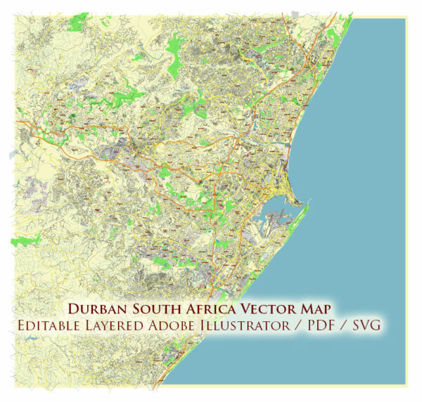 Free Vector Map Durban South Africa Editable Layered Adobe Illustrator + PDF + SVG in 1 archive Free Vector Map Durban South Africa