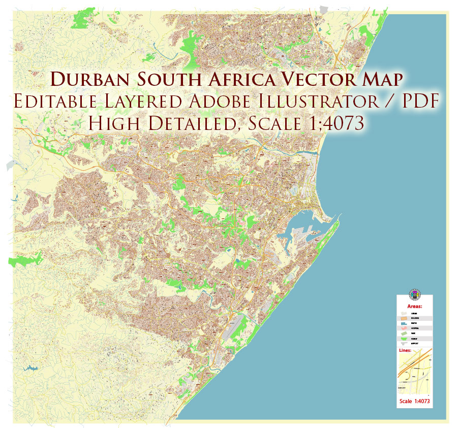 Durban South Africa Map Vector Exact City Plan High Detailed Street Map editable Adobe Illustrator in layers