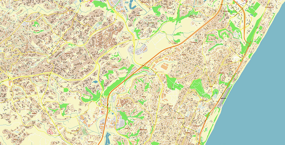 Durban South Africa Map Vector Exact City Plan High Detailed Street Map editable Adobe Illustrator in layers