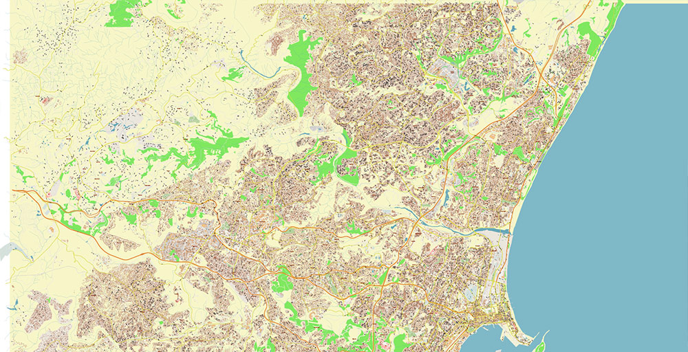 Durban South Africa Map Vector Exact City Plan High Detailed Street Map editable Adobe Illustrator in layers