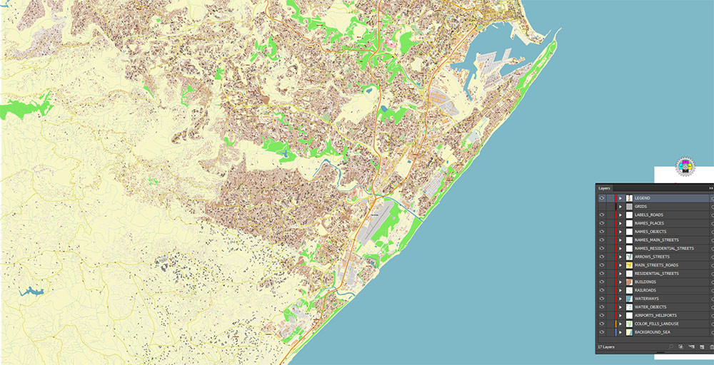 Durban South Africa Map Vector Exact City Plan High Detailed Street Map editable Adobe Illustrator in layers