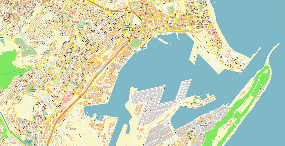 Durban South Africa Map Vector Exact City Plan High Detailed Street Map editable Adobe Illustrator in layers