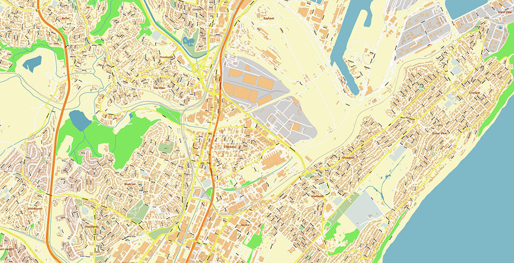 Durban South Africa Map Vector Exact City Plan High Detailed Street Map editable Adobe Illustrator in layers