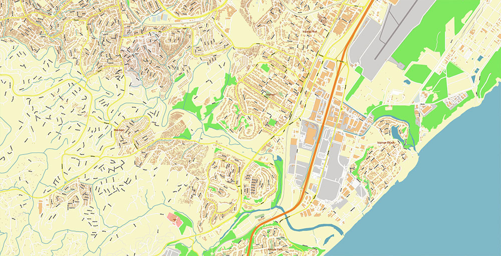 Durban South Africa Map Vector Exact City Plan High Detailed Street Map editable Adobe Illustrator in layers