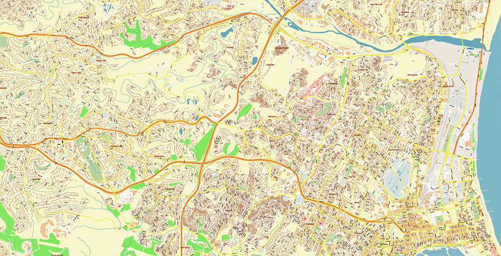 Durban South Africa Map Vector Exact City Plan High Detailed Street Map editable Adobe Illustrator in layers