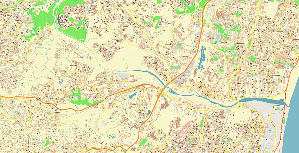 Durban South Africa Map Vector Exact City Plan High Detailed Street Map editable Adobe Illustrator in layers