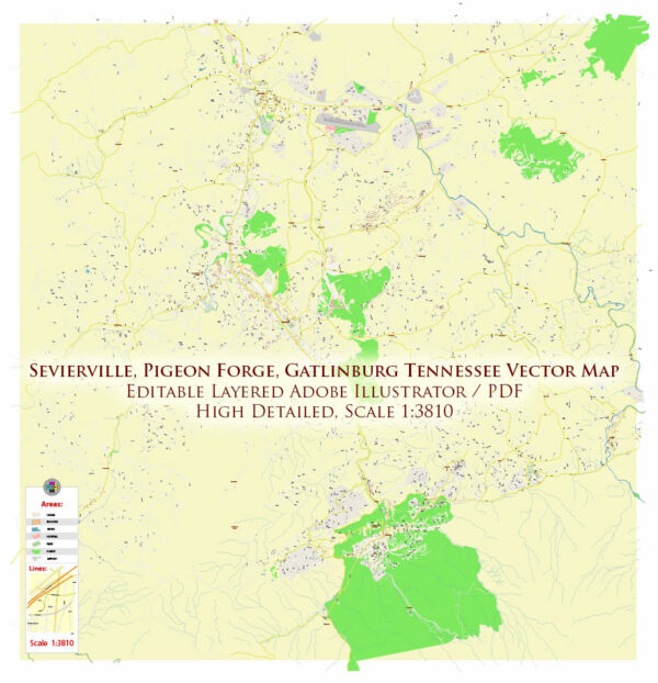 Pigeon Forge Area Tennessee USA Map Vector Exact City Plan High Detailed Street Map editable Adobe Illustrator in layers
