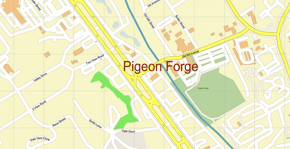 Pigeon Forge Area Tennessee USA Map Vector Exact City Plan High Detailed Street Map editable Adobe Illustrator in layers