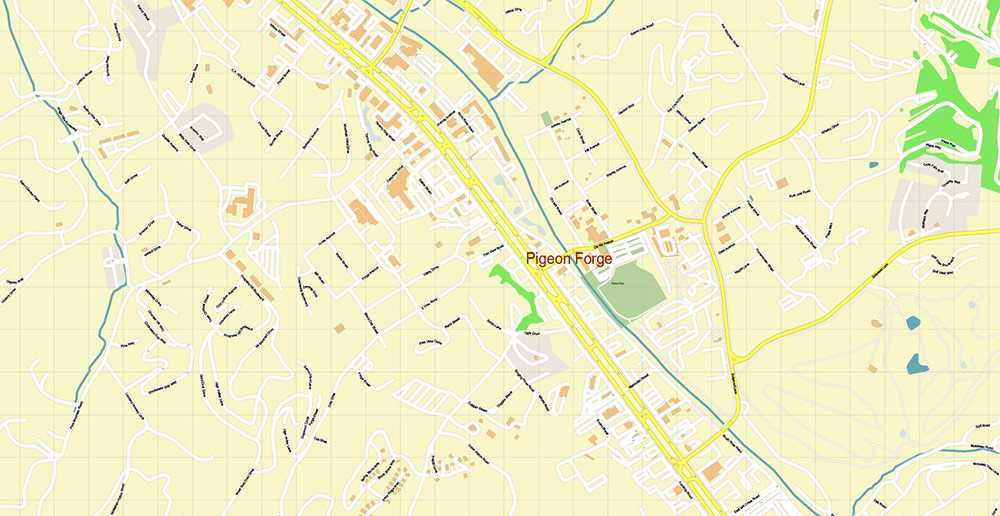 Pigeon Forge Area Tennessee USA Map Vector Exact City Plan High Detailed Street Map editable Adobe Illustrator in layers