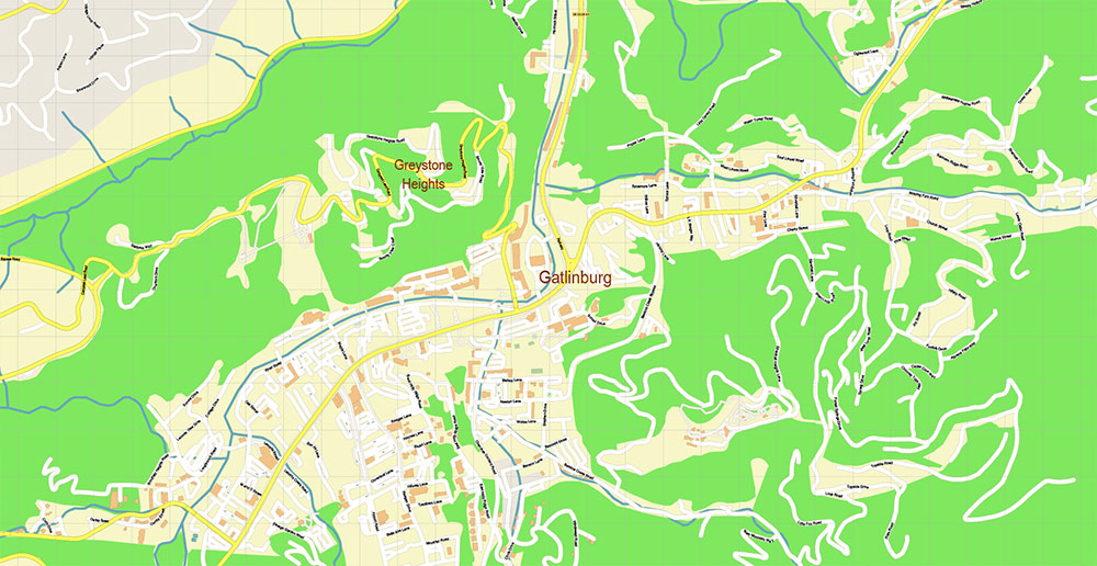 Pigeon Forge Area Tennessee USA Map Vector Exact City Plan High Detailed Street Map editable Adobe Illustrator in layers