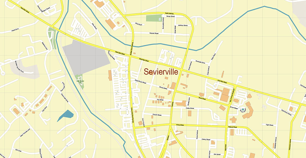 Pigeon Forge Area Tennessee USA Map Vector Exact City Plan High Detailed Street Map editable Adobe Illustrator in layers