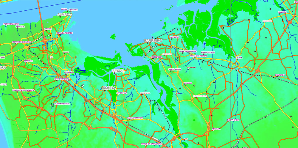 Portugal Vector Map - Main Roads, Relief and Admin High Detailed Map, printable vector map Adobe Illustrator editable Layered