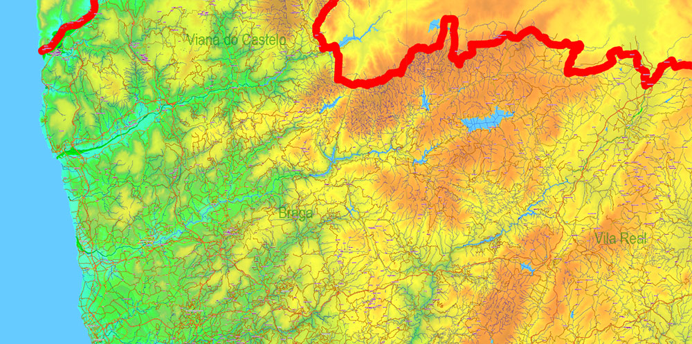 Portugal Vector Map - Main Roads, Relief and Admin High Detailed Map, printable vector map Adobe Illustrator editable Layered