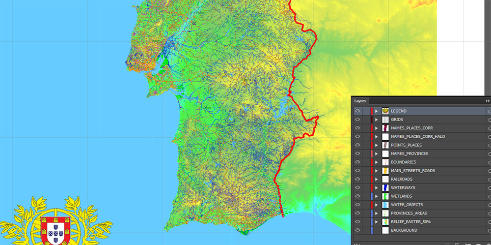 Portugal Vector Map - Main Roads, Relief and Admin High Detailed Map, printable vector map Adobe Illustrator editable Layered