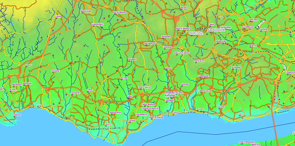 Portugal Vector Map - Main Roads, Relief and Admin High Detailed Map, printable vector map Adobe Illustrator editable Layered