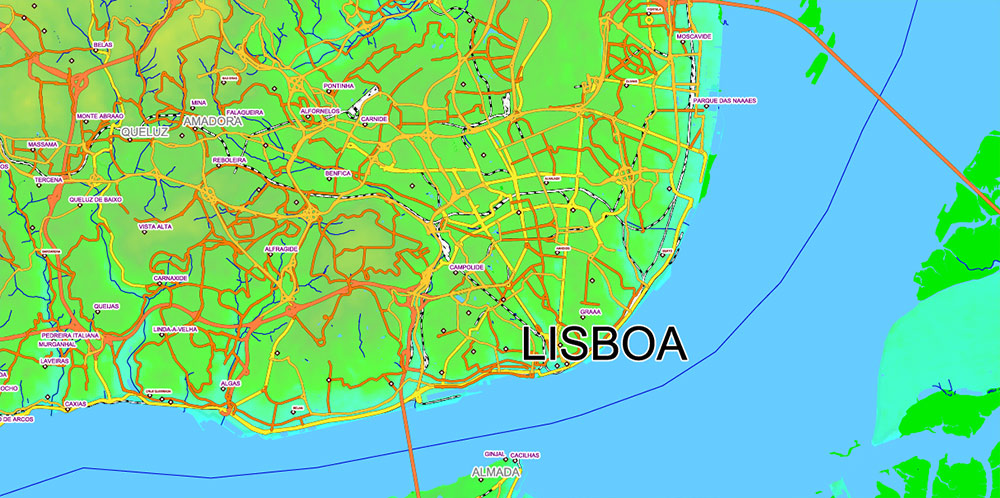 Portugal Vector Map - Main Roads, Relief and Admin High Detailed Map, printable vector map Adobe Illustrator editable Layered