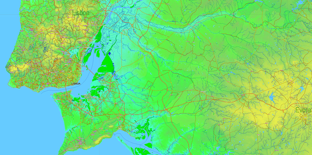 Portugal Vector Map - Main Roads, Relief and Admin High Detailed Map, printable vector map Adobe Illustrator editable Layered