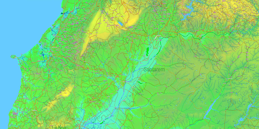 Portugal Vector Map - Main Roads, Relief and Admin High Detailed Map, printable vector map Adobe Illustrator editable Layered