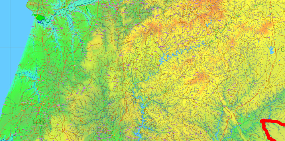 Portugal Vector Map - Main Roads, Relief and Admin High Detailed Map, printable vector map Adobe Illustrator editable Layered