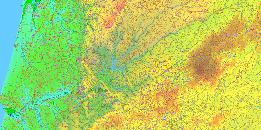 Portugal Vector Map - Main Roads, Relief and Admin High Detailed Map, printable vector map Adobe Illustrator editable Layered