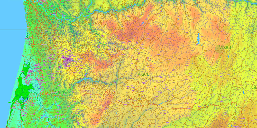 Portugal Vector Map - Main Roads, Relief and Admin High Detailed Map, printable vector map Adobe Illustrator editable Layered