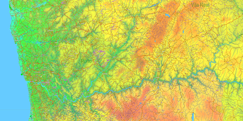 Portugal Vector Map - Main Roads, Relief and Admin High Detailed Map, printable vector map Adobe Illustrator editable Layered